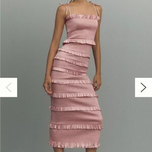 V. Chapman Lily Smocked Ruffle Trim Midi Dress Rose Dust